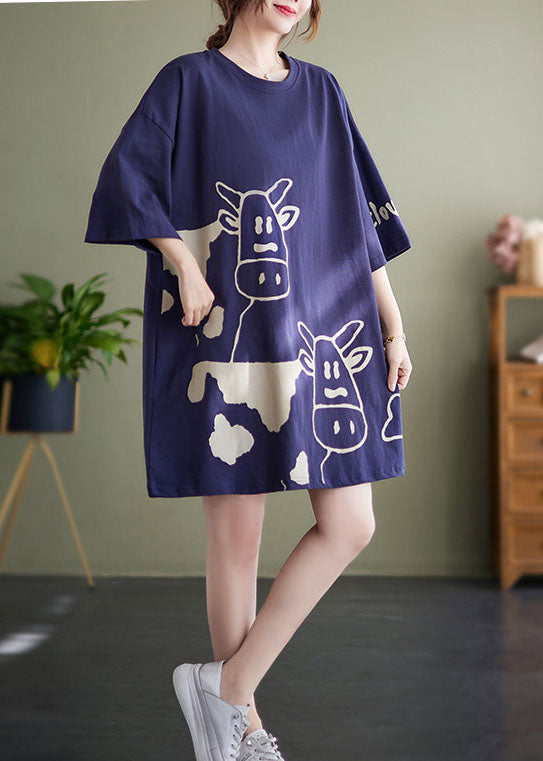 Blue O-neck Cow Print Cotton Vacation Dresses Short Sleeve