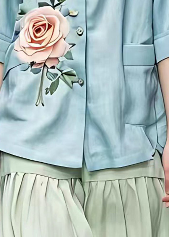 Blue O-neck Button Top Summer