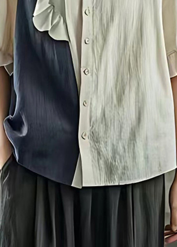 Blue Ruffled Patchwork Tops Short Sleeve