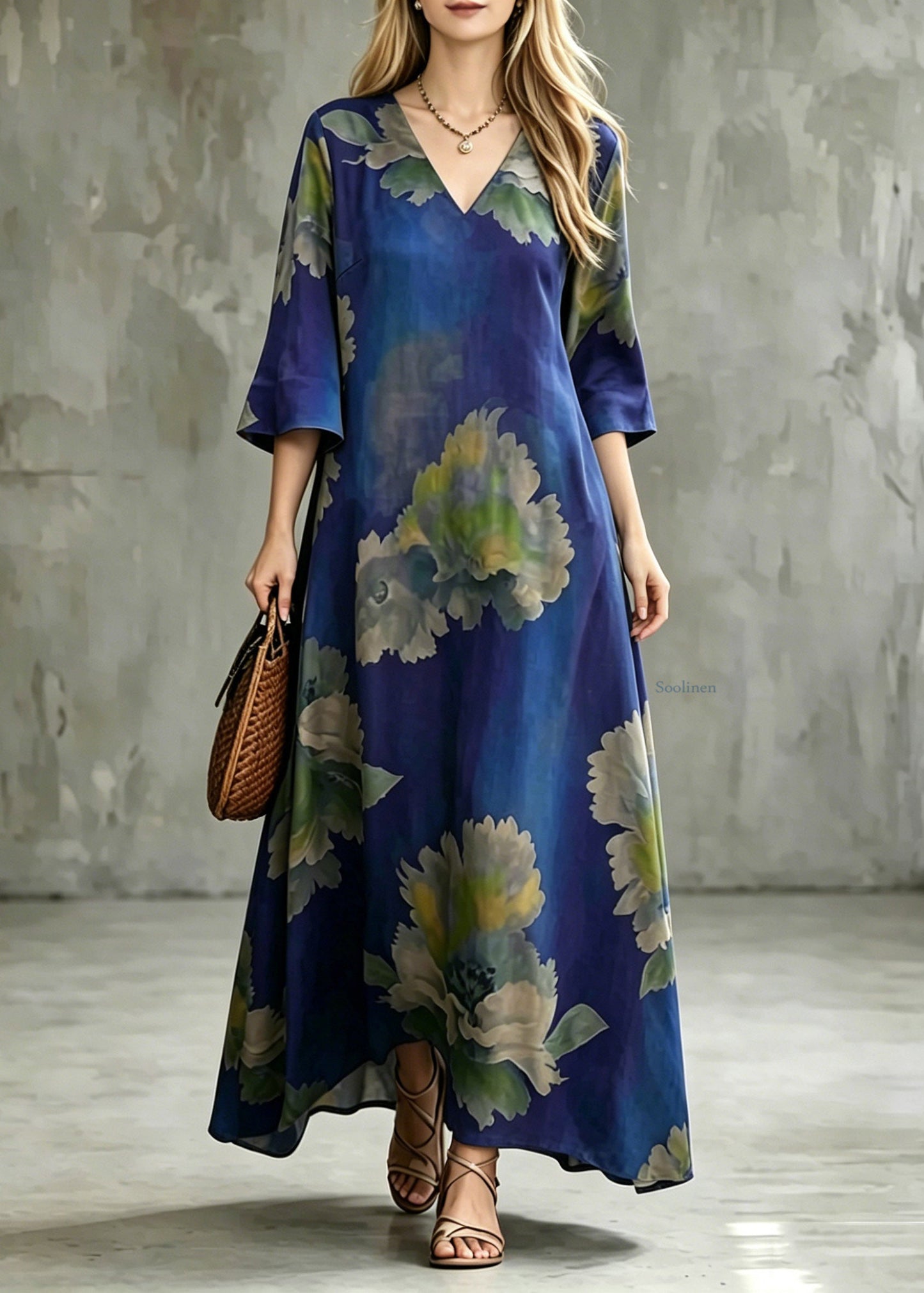 Blue V Neck Patchwork Maxi Dress Half Sleeve