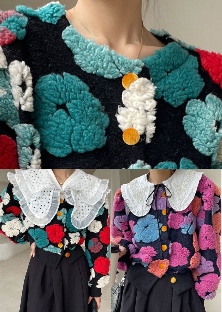 Bright Red Flower Puff Sleeve Faux Fur Winter Coat