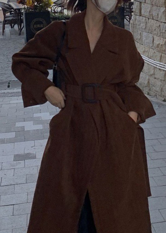 Brown Notched Pockets Sashes Trench Coat Spring