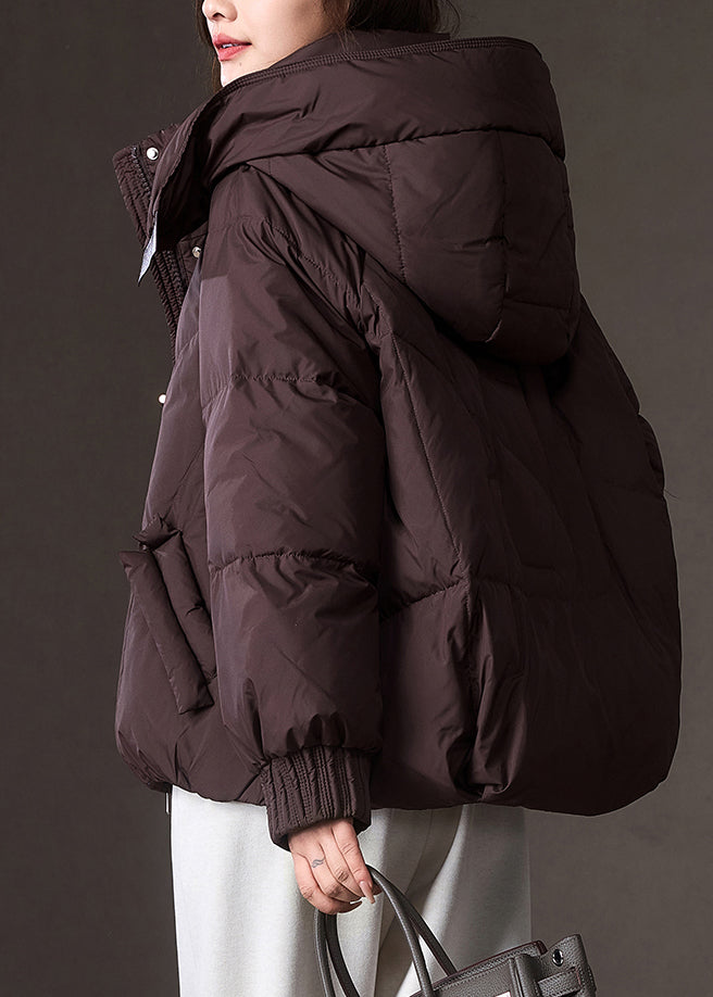 Brown Zippered Pockets Patchwork Hooded Down Coat Winter