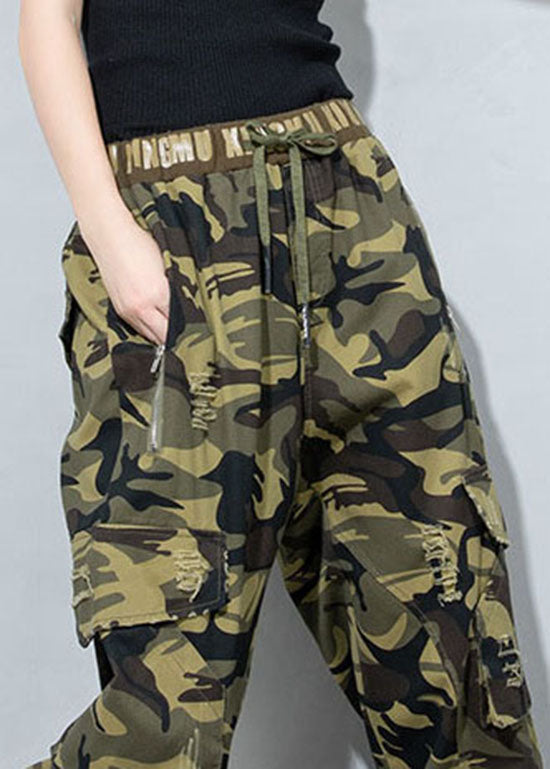 Camouflage Hole Drawstring Pockets Pants Spring