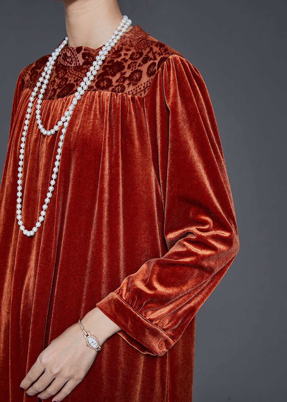 Caramel Oversized Patchwork Silk Velvet Ankle Dress Spring