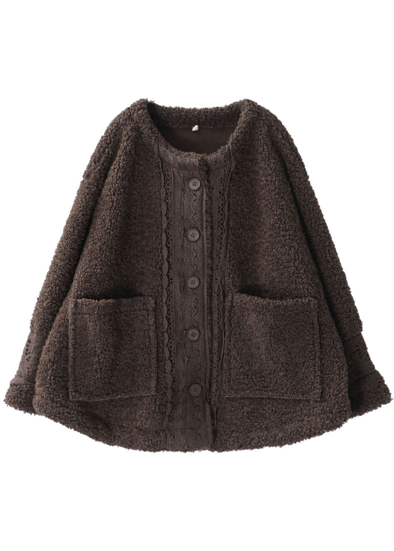 Chocolate O-neck Pockets Fall Winter Thick Coats Long Sleeve