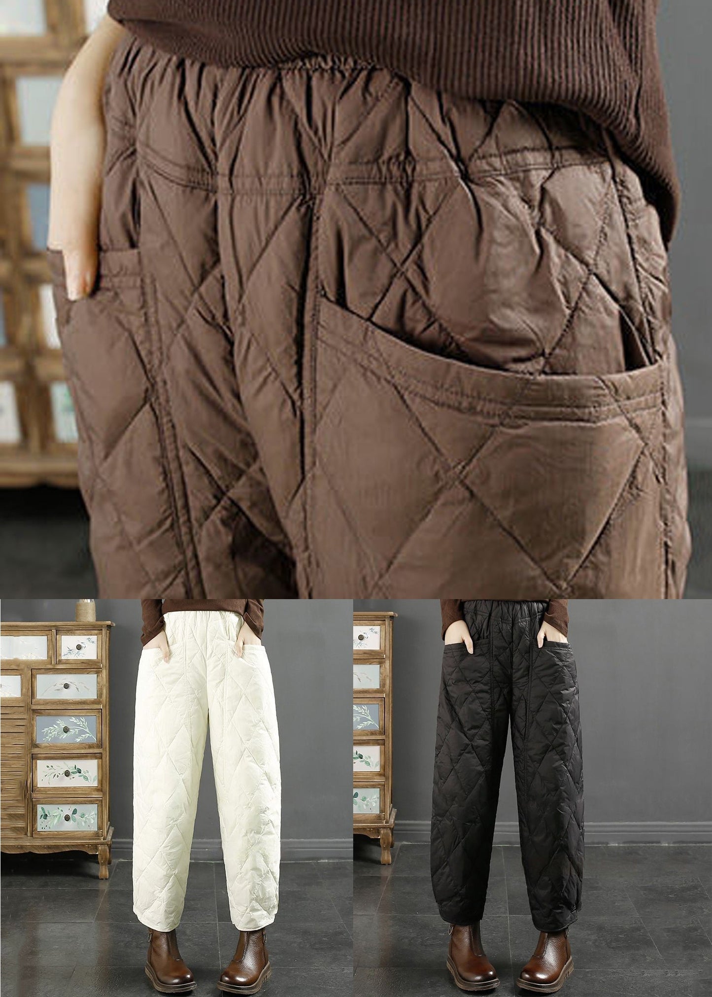 Coffee Pockets Fine Cotton Filled Crop Pants Winter