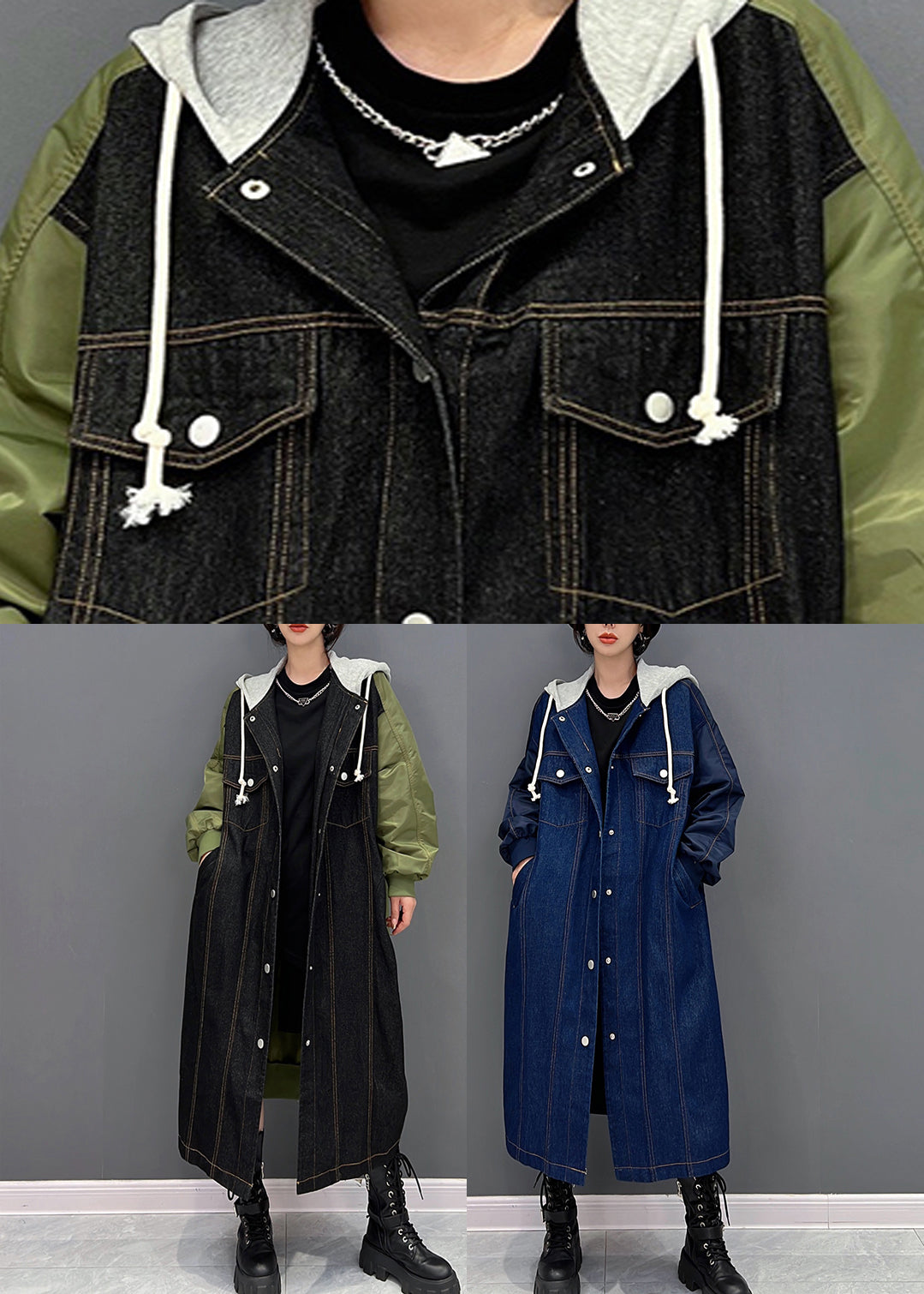 Denim Blue Patchwork Button Hooded Coat Fall