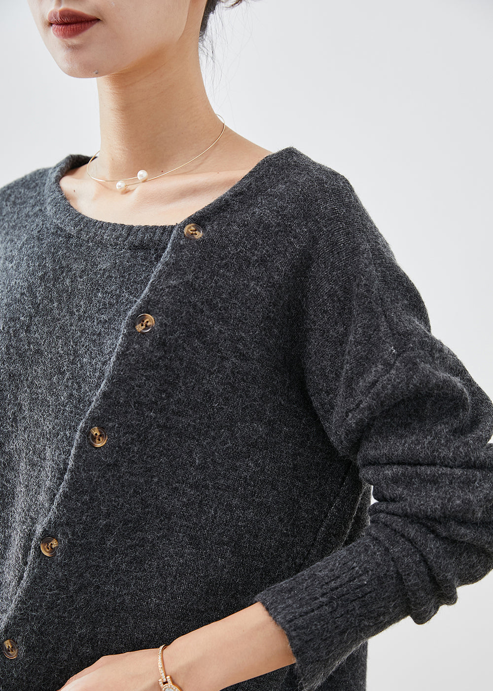 Dull Grey Asymmetrical Patchwork Button Knit Pullover Fall
