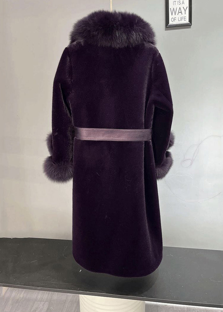 Dull Purple Fox Collar Tie Waist Mink Velvet Trench Winter