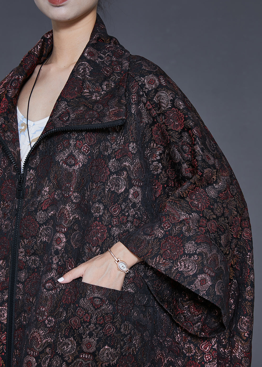 Dull Red Oversized Print Cotton Trench Spring