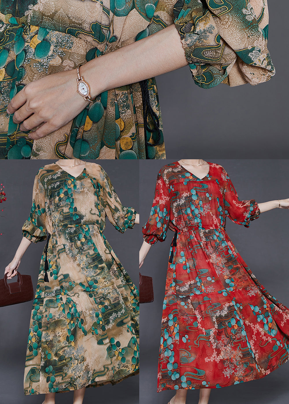Green Cinched Print Chiffon Long Dress Fall