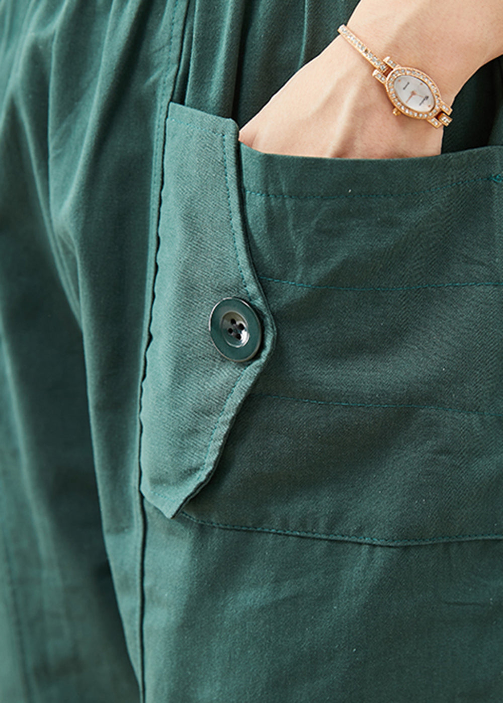 Green Oversized Pockets Cotton Harem Pants Fall