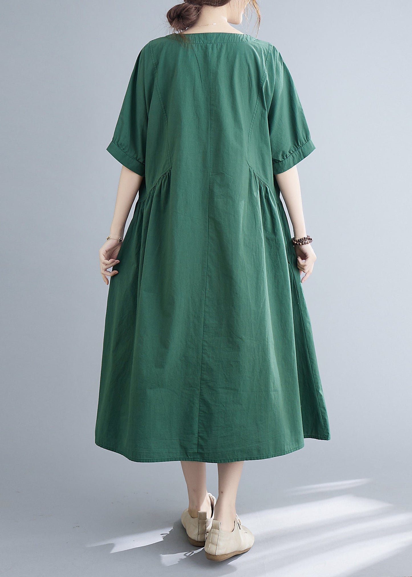 Green V Neck Cinched Pocket Dress Short Sleeve