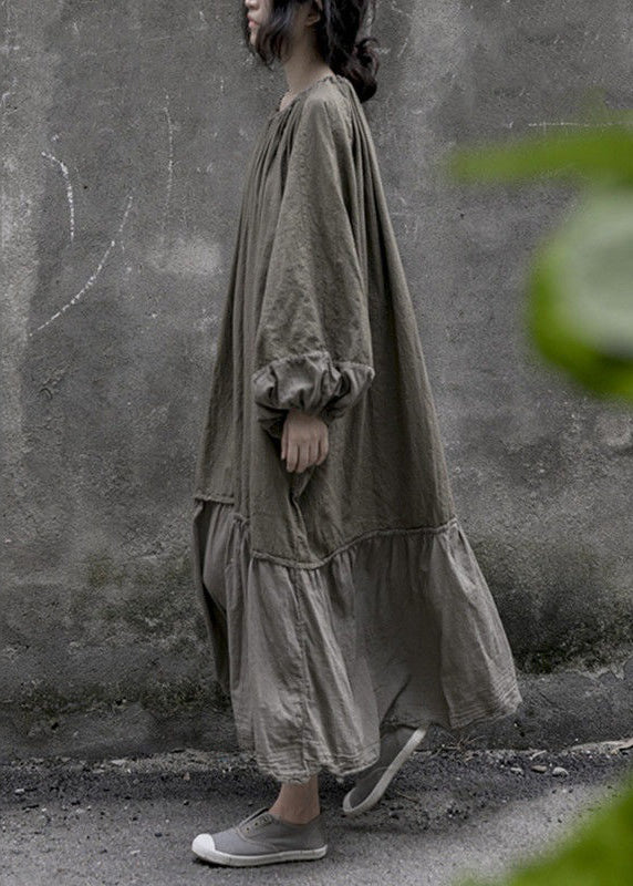 Grey Lace Up Wrinkled Patchwork Cotton Long Dresses Spring