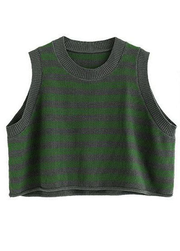 Grey O-neck Striped Knit Vest Spring
