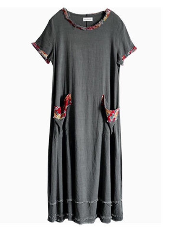 Grey O-neck Pocket Patchwork Linen Ankle Dress Short Sleeve