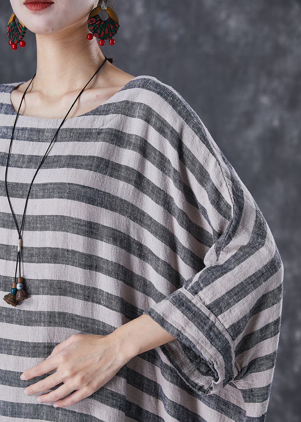 Grey Oversized Striped Linen Ankle Dress Gown Batwing Sleeve