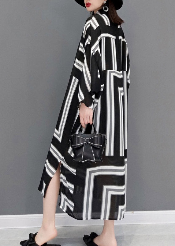Grey Peter Pan Collar Side Open Striped Button Dresses Batwing Sleeve