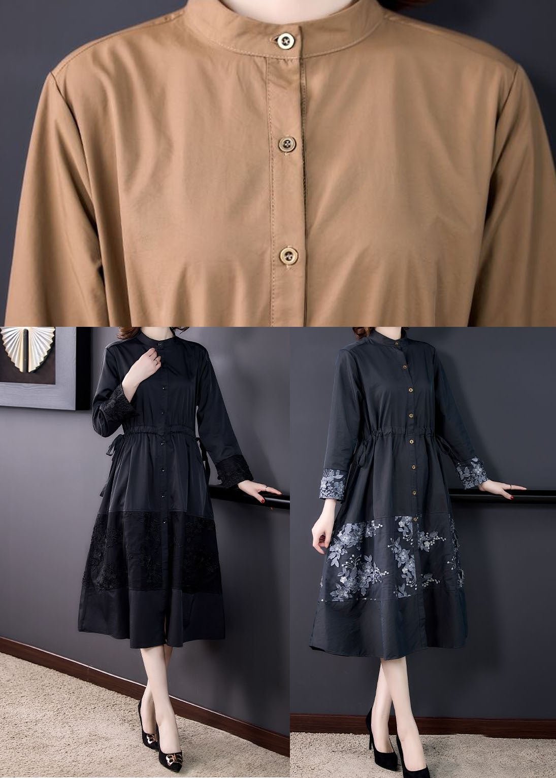 Grey Tie Waist Lace Patchwork Cotton Trench Long Sleeve