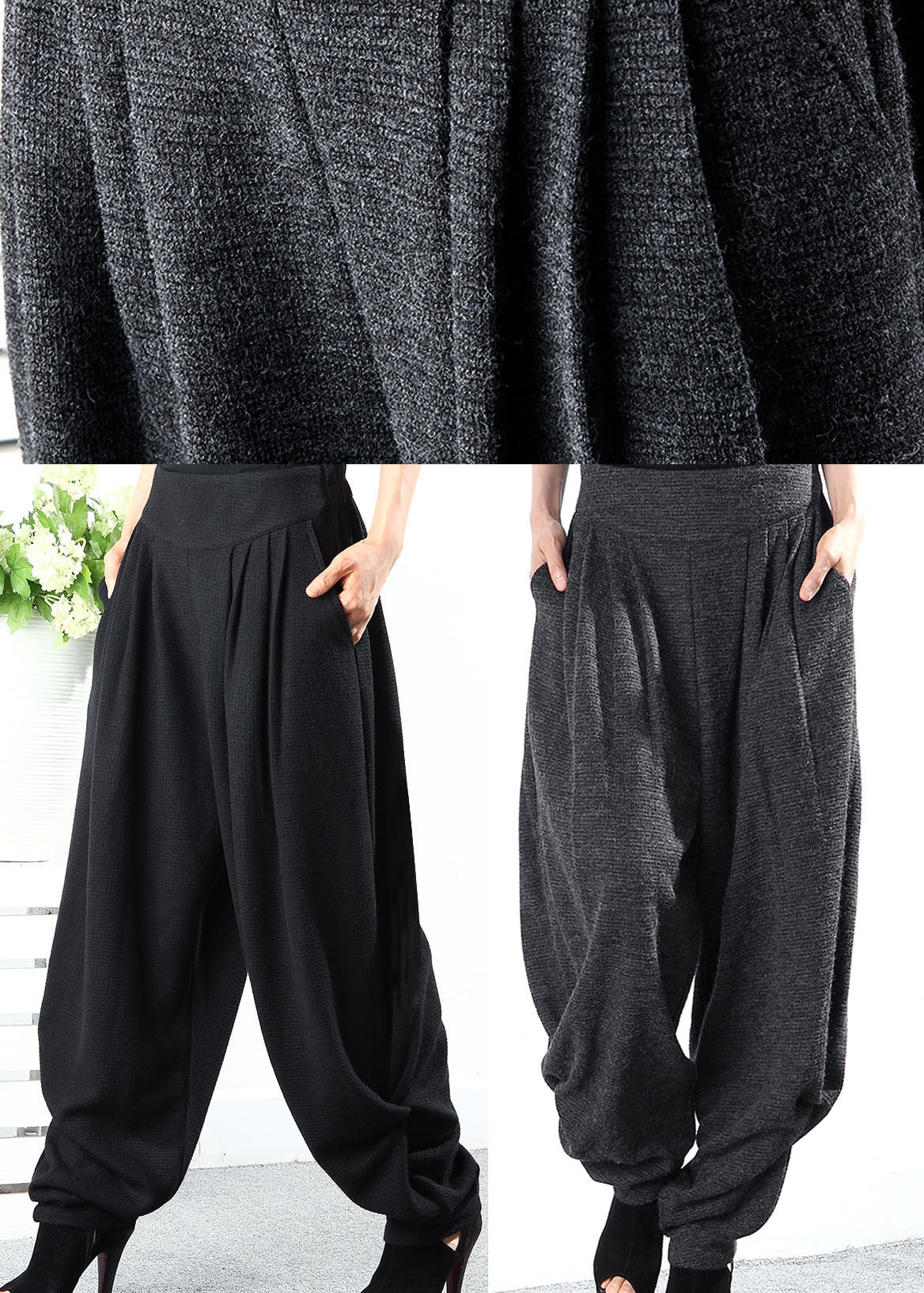 Grey High Waist Loose Knit Pants Winter