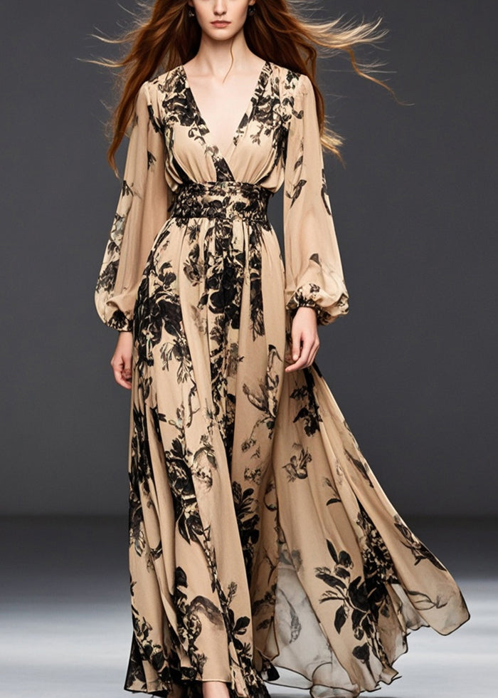 Khaki Cinched Print Chiffon Dresses Spring