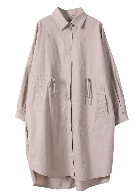 Khaki Drawstring Side Open Cotton Shirt Dress Long Sleeve