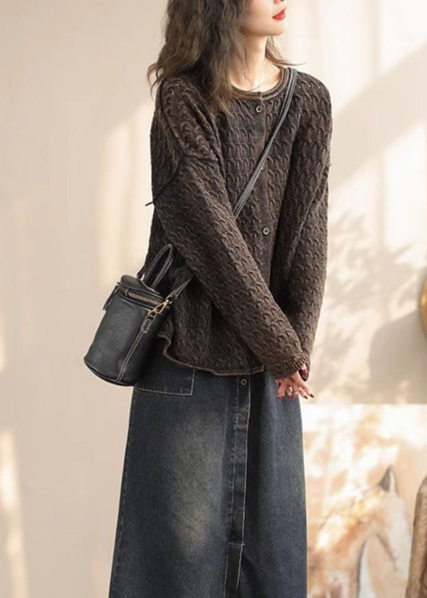 Khaki O Neck Button Knit Cardigans Spring
