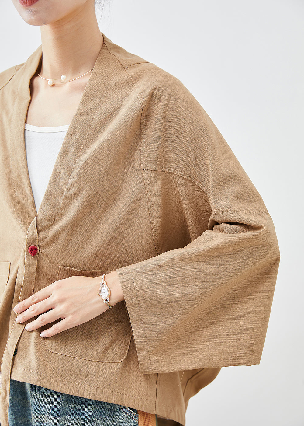 Khaki Oversized Pockets Linen Jackets Batwing Sleeve