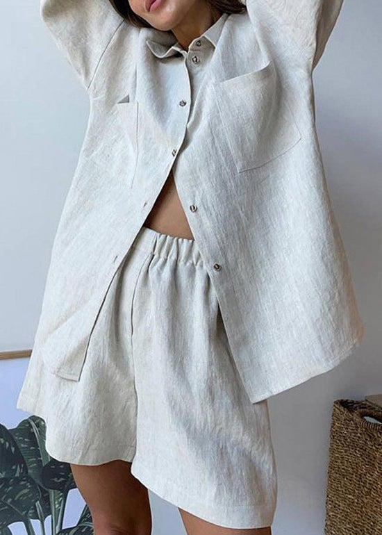 Khaki Peter Pan Collar Shirt and Shorts Two Piece Set Spring