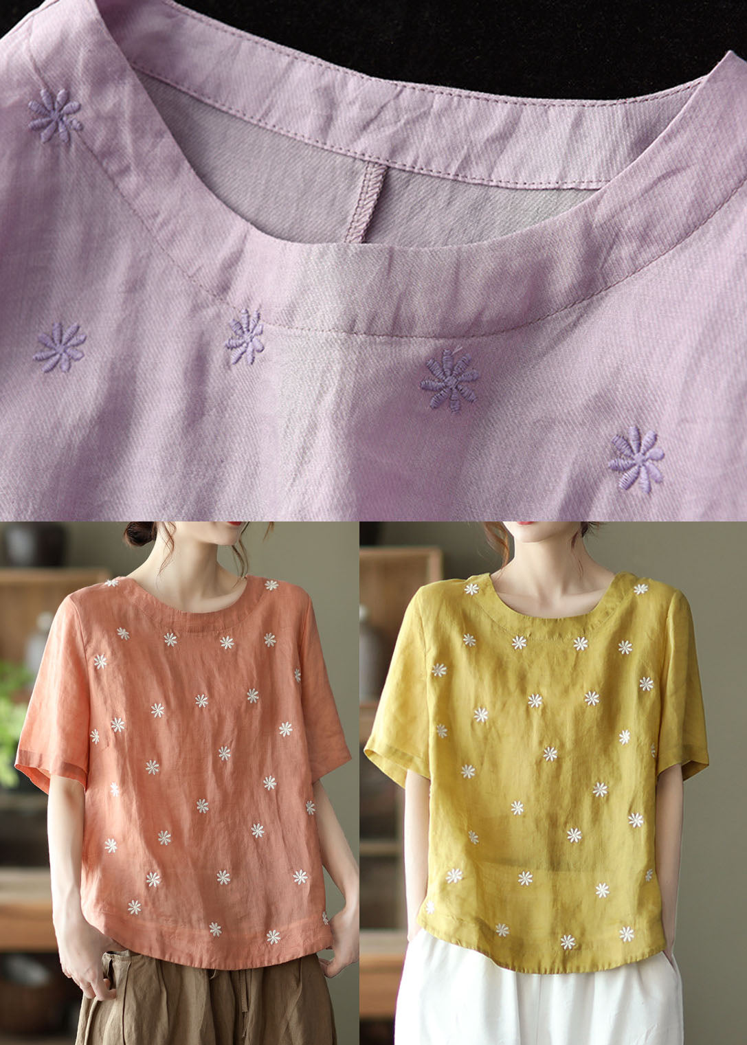 Light Purple Embroideried Linen Shirts Short Sleeve