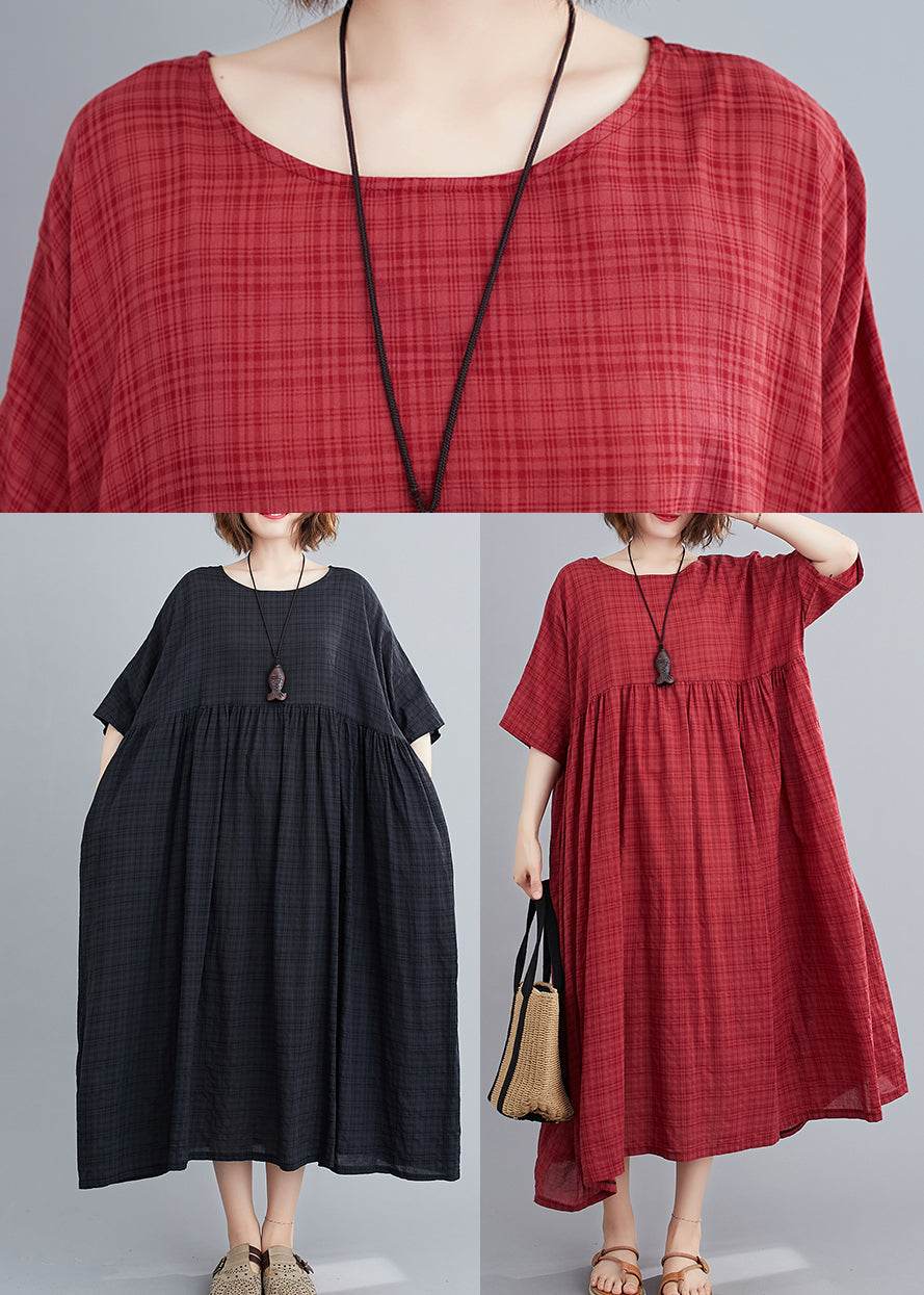 Mulberry O-neck Linen Long Dresses Short Sleeve