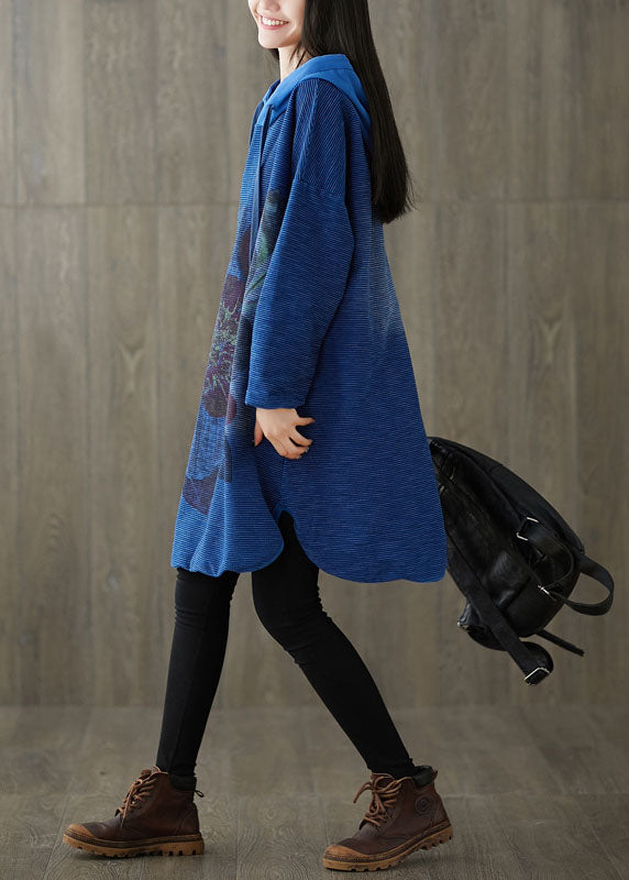 Navy Hooded Print Patchwork Side Open Dress Spring