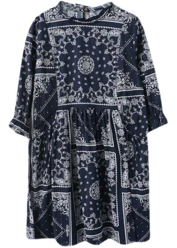 Navy O-neck Patchwork Print Fall Dress Half Sleeve