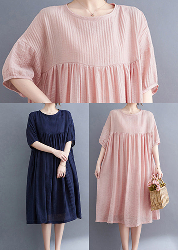 Navy Wrinkled Exra Large Hem Cotton Vacation Dress Summer