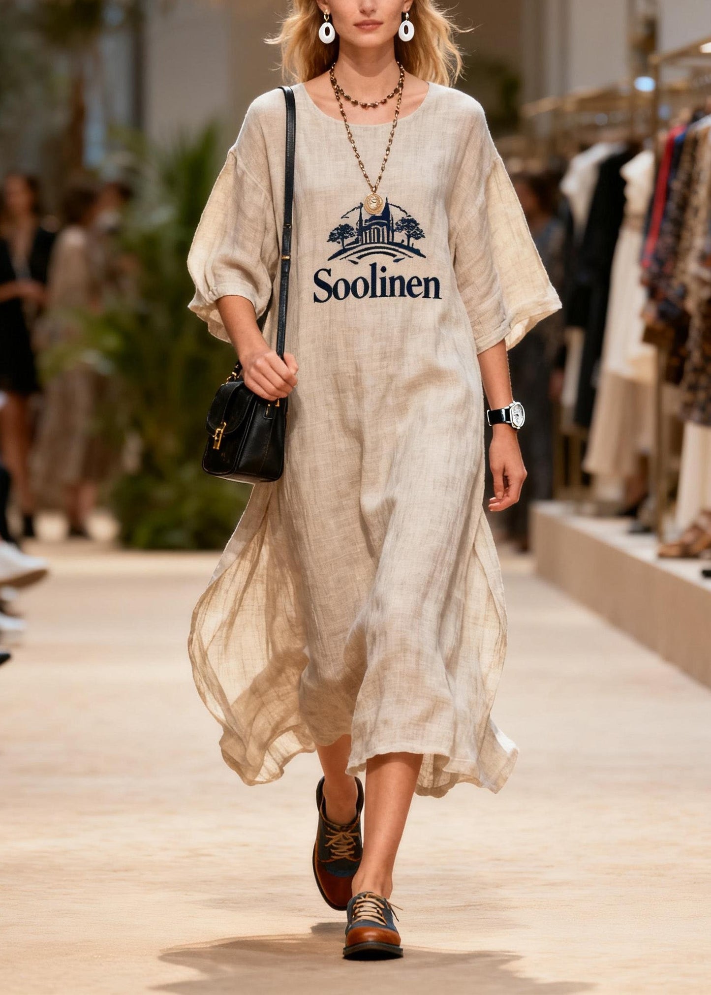 O Neck Print Linen Long Dresses Summer