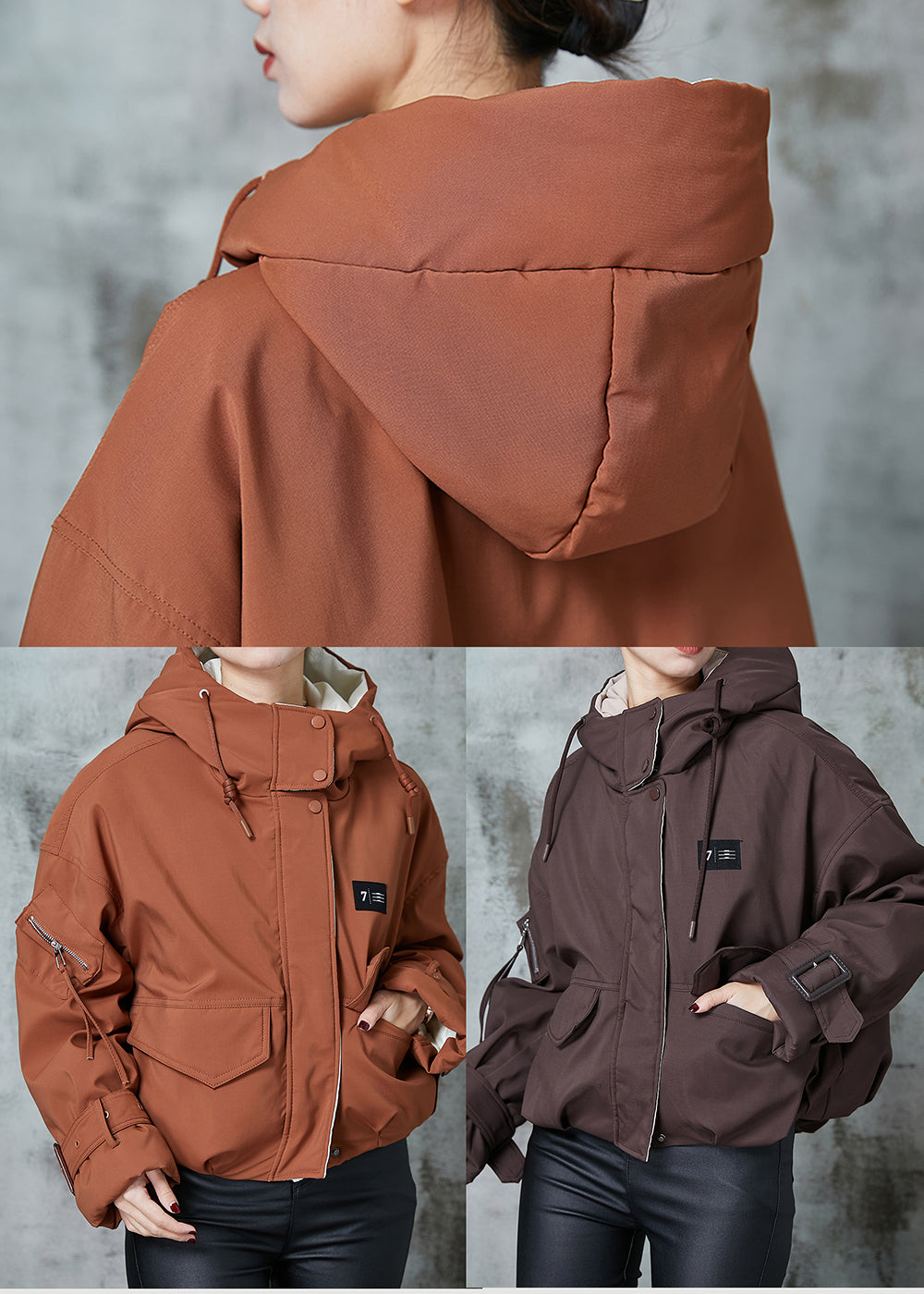 Orange Hooded Pockets Duck Down Jacket in Winter