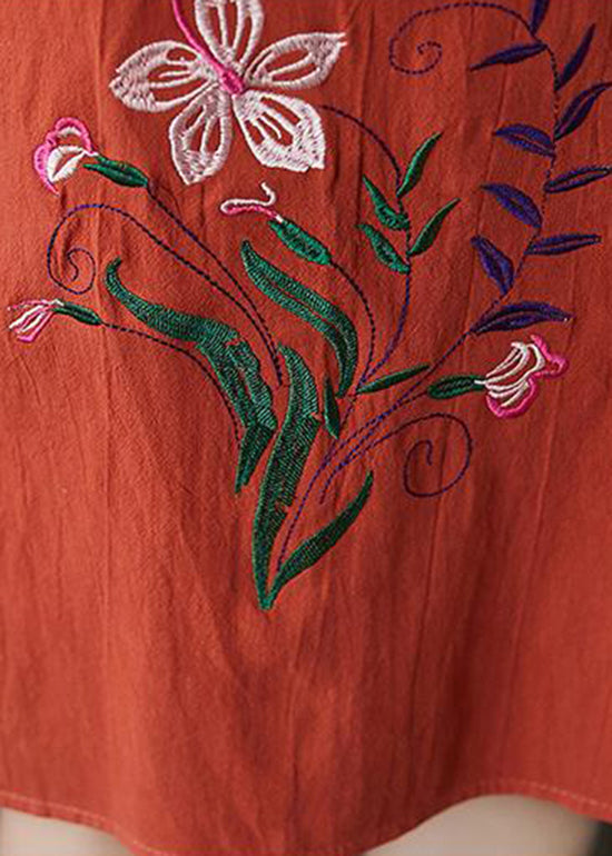 Orange O-neck Embroideried Pocket Linen Dresses Short Sleeve