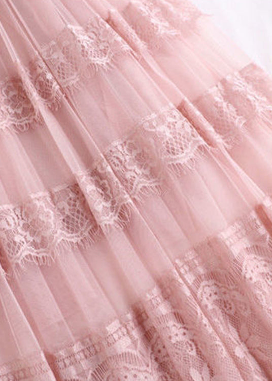 Pink Lace Patchwork Tulle Maxi Skirt Summer