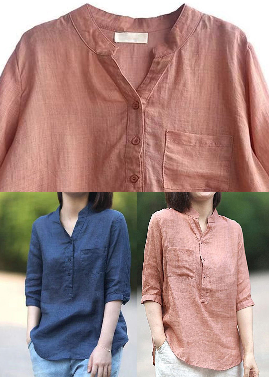 Stand Red Linen Blouses Top Half Sleeve