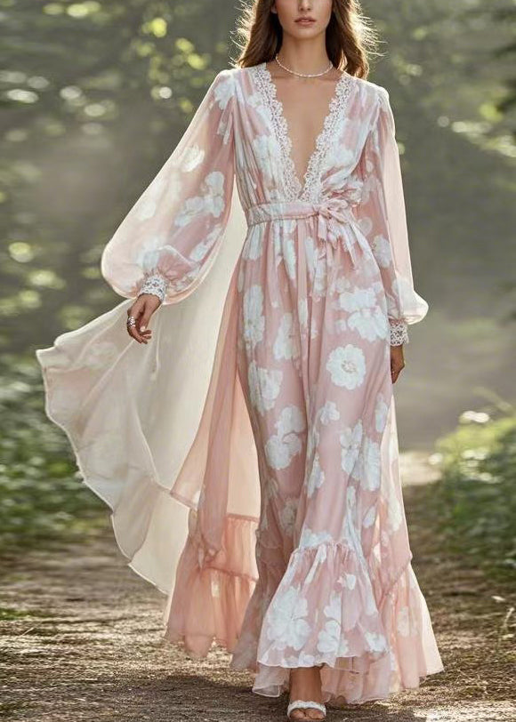 Pink V Neck Tie Waist Chiffon Holiday Dress Spring