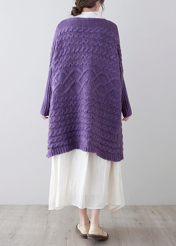 Purple Button Pockets Cotton Knit Cardigan Fall