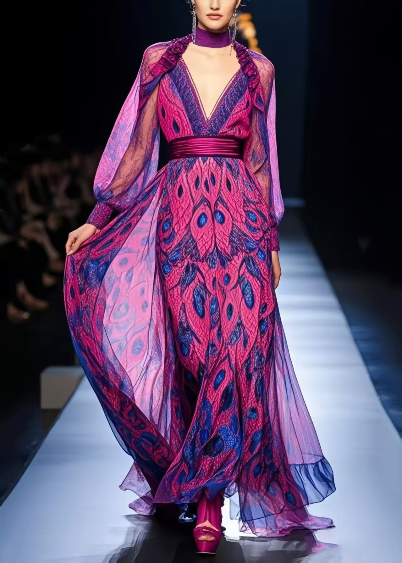 Purple Cinched Print Chiffon Party Dresses Spring