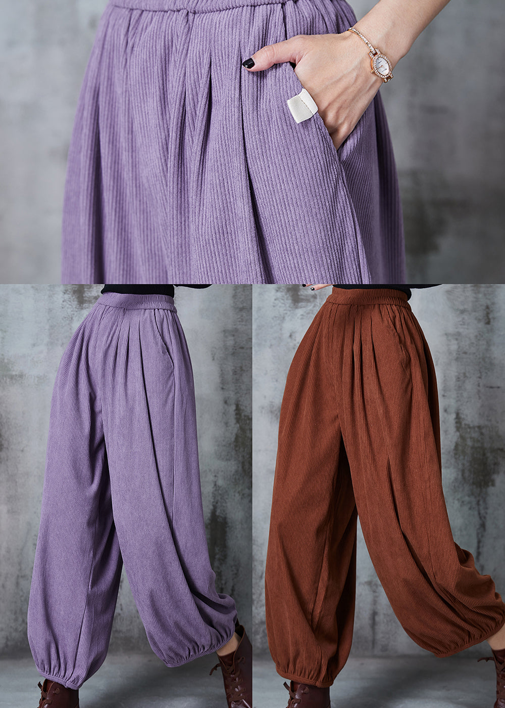 Purple Elastic Waist Corduroy Pants Spring