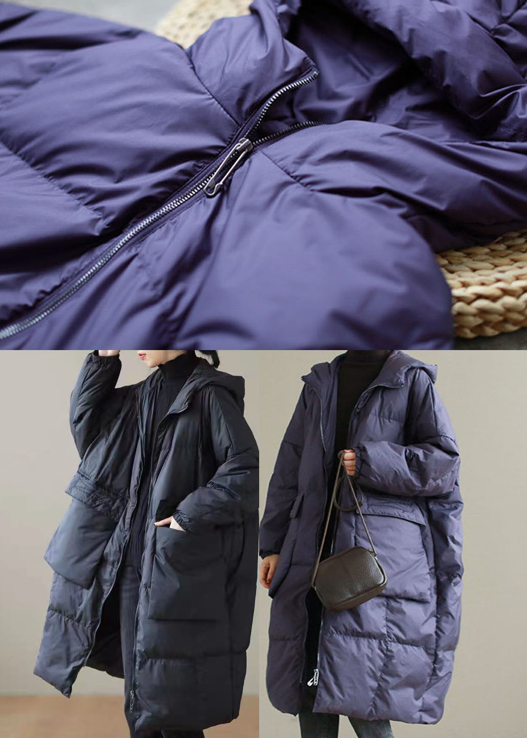 Purple Hooded Thick Cotton Blend Coats Winter