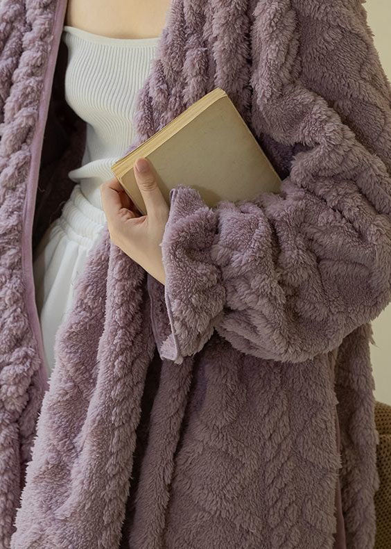 Purple V Neck Patchwork Thick Fluffy Robe Spring
