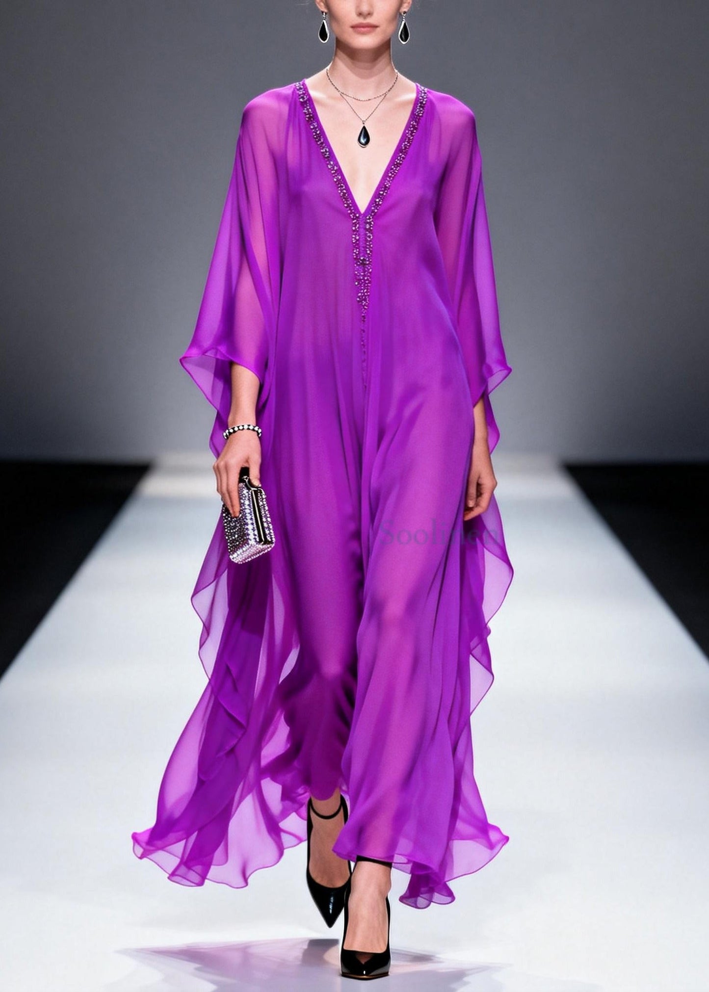 Purple V Neck Zircon Draping Chiffon Dresses Summer