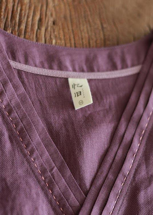Purple Tie Waist V Neck Mid Summer Linen Dress