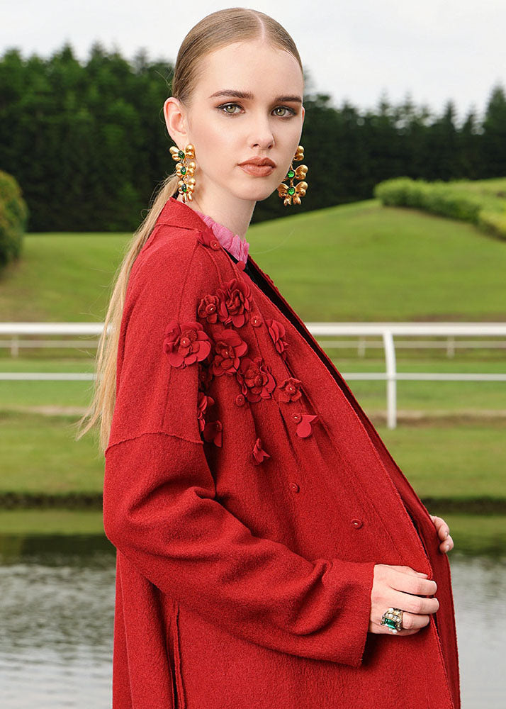 Red Embroidered Woolen Long Cardigan Fall