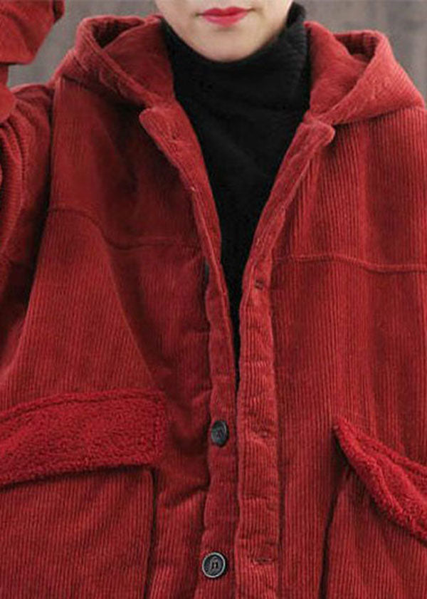 Red Hooded Pockets Fine Cotton Filled Corduroy Parka Jacket Winter